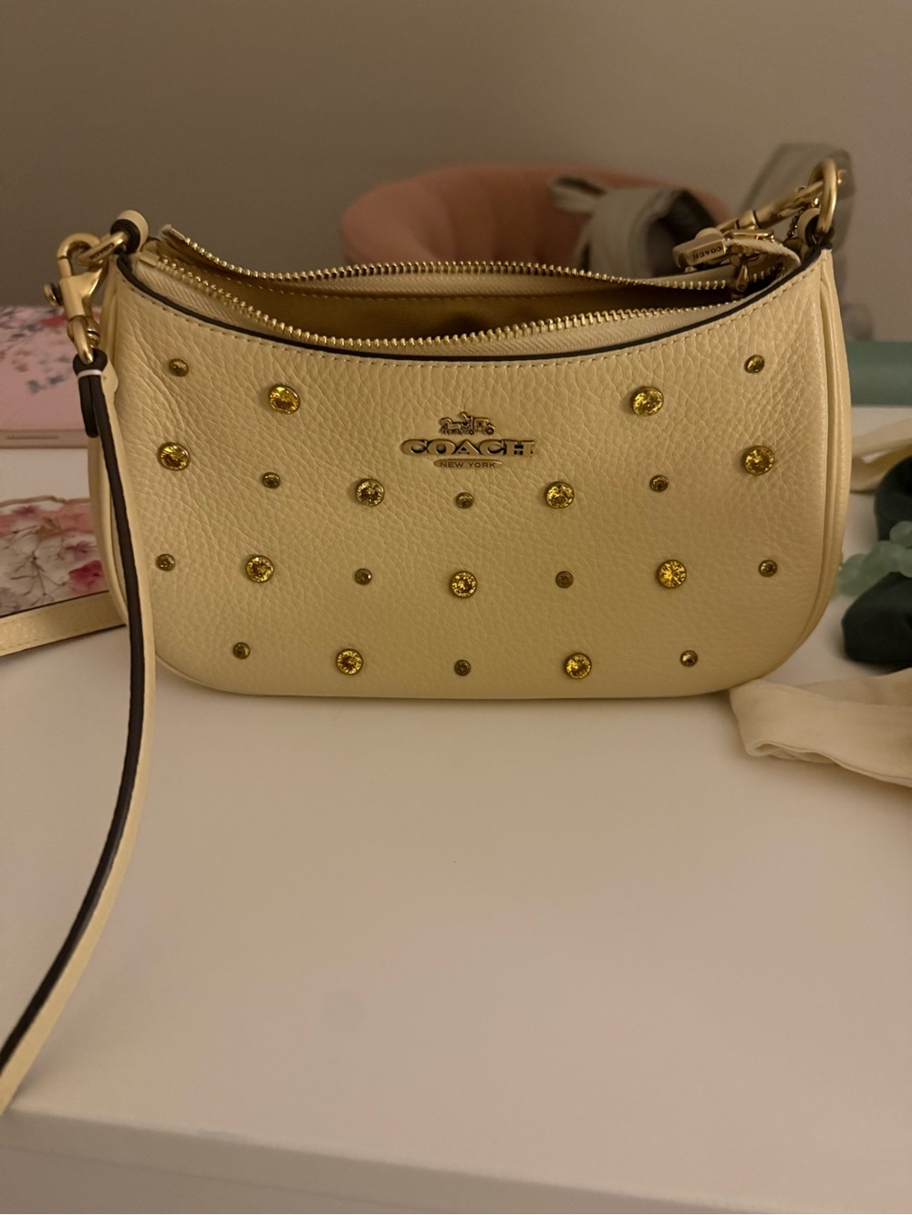 Coach Cream Pebbled Leather Mini Bag with Gold Studs